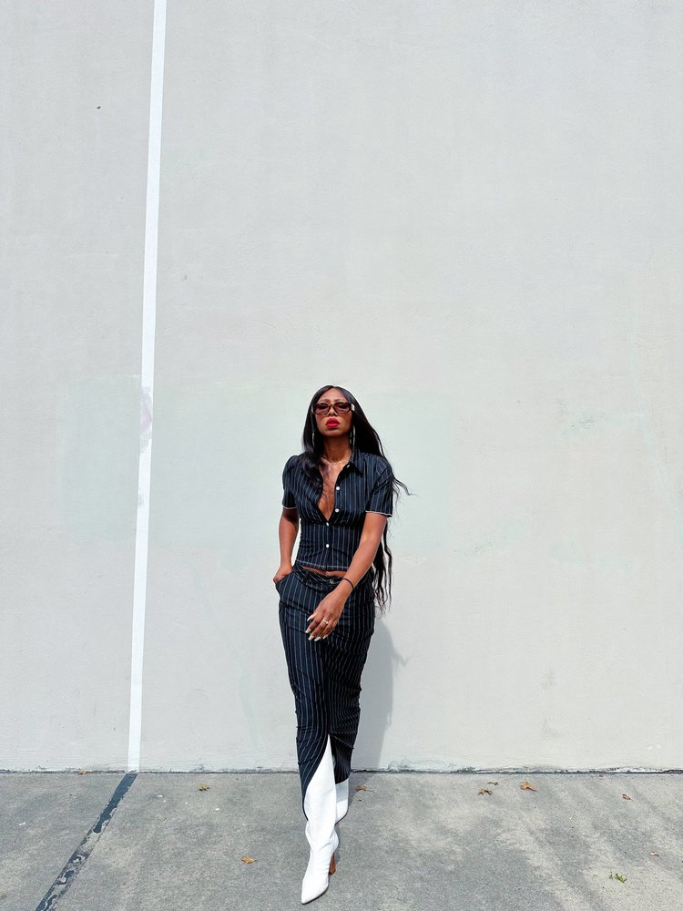 PINSTRIPE MAXI SKIRT BLACK