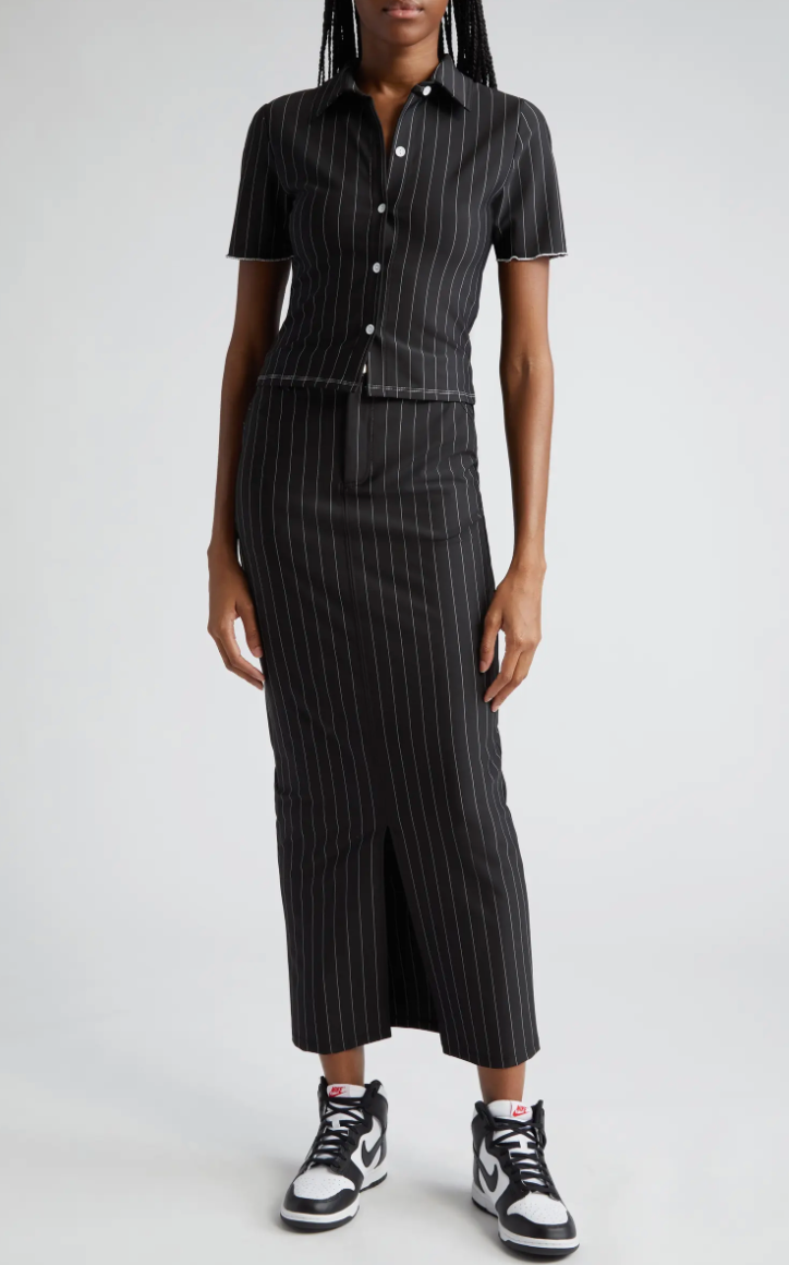 PINSTRIPE MAXI SKIRT BLACK