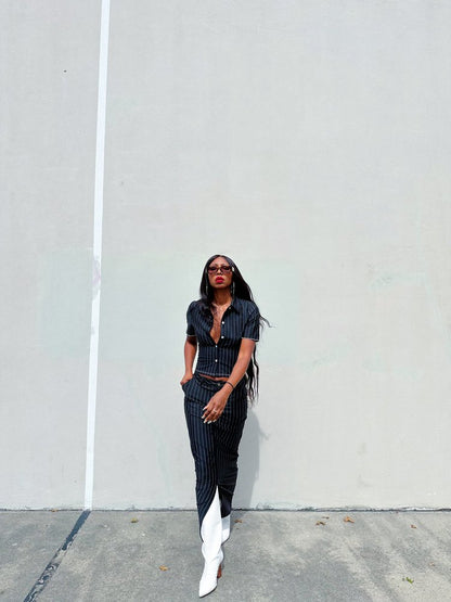 PINSTRIPE MAXI SKIRT BLACK
